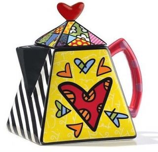 Romero Britto Large Square Two Hearts Teapot 48 oz Ceramic #339045
