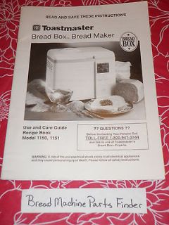 Toastmaster Breadmaker Instruction Manual & Recipes Guide 1150, 1151