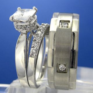 Silver CZ Stainless Steel Engagement Wedding Bridal Band Ring Sets