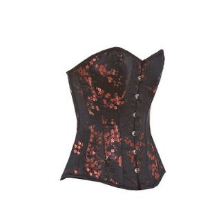 Chinese Red Black Petal Blossom Laced Busk Steel Boned Overbust Corset