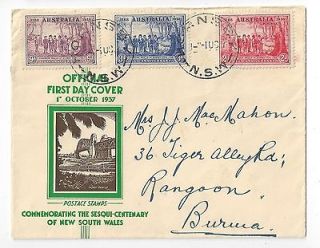Australia 1937 NSW FDC Cover to Burma, Complete Set, Cachet