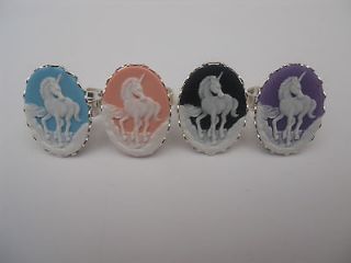 MYTHICAL UNICORN CAMEO ADJUSTABLE SILVER RING CHOICE OF FOUR COLOURS
