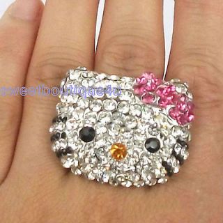 Crystal Pink BOW Cute HelloKitty Cat Ring For birthday girl kid gift
