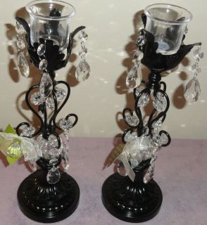 Black Opulent Treasures Crystal Candle Holder Candelabra Stick Pair