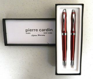 Pierre Cardin Red/Silver Ballpoint Pen and Lead Pencil Set With Case