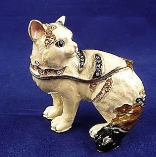Enameled Pewter Swarovski Bejeweled White Cat Trinket Box