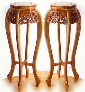 PAIR Oak Carved Wood Marble Top Plant Stands 36 NEW