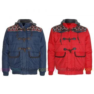 Mens Padded Aztec Knit Patches Toggle Hooded Winter Bomber Coat Jacket