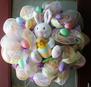Musical Spring Easter Deco Mesh Wreath with Easter Eggs, Bunny, Chick
