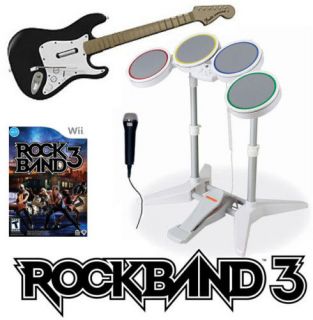 Wii ROCK BAND 3 Game w/Drums/Guitar /Mic Bundle Kit Set