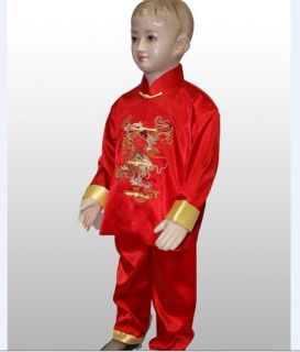 Chinese Boys silk Dragon Kung Fu Shirt Pants Suit red Sz 2 4 6 8 10