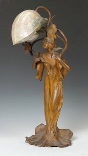 Art Nouveau Nautilus Seashell Shell Shade Lady Figural Spelter Lamp