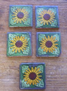 Hecho Mexico Mexican Sunflower Yellow Flower Green Ceramic 5 Tiles