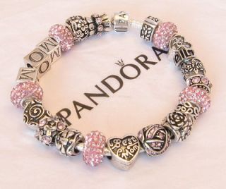 Authentic Pandora Bracelet Best Mom Pink Sparkle Charm Bead Flower