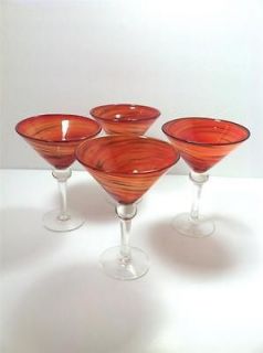 Lot of 4 Large Cocktail Martini Glasses Orange Swirl with Ball Stem