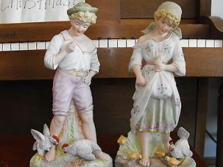 Large French Bisque Young Man and Woman Figurines Signed Colbert