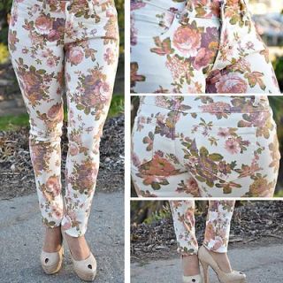 Cream/white Floral Print skinny Jeans FASTFREE SHIPPING DB9015