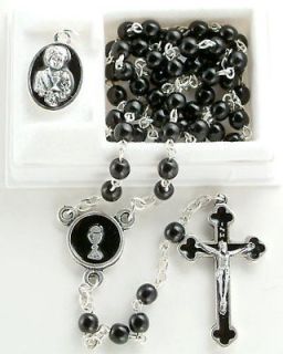 MADE IN ITALY BLACK GLASS BEAD BOYS FIRST COMMUNION ROSARY GIFT SET