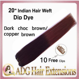 Remy Dip Dye Human Hair Weft/Clip in Dark choc brown/copper brown