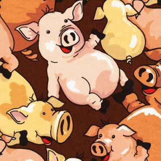 Pigs in Mud Funny Farm Pig on Brown Cotton Flannel Fabric Print D280
