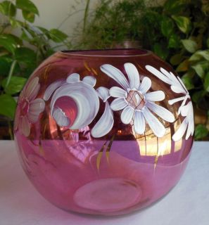Cranberry Glass Rose Bowl with White Enameled Flowers