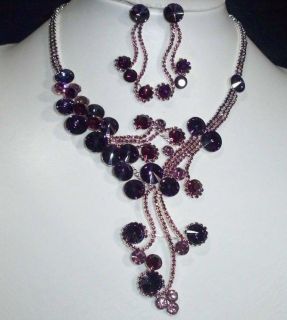 ELEGANT AMETHYST COLOR CRYSTAL NECKLACE AND EARRINGS SET