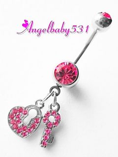 Pink Gem Heart Lock and Key Dangle Belly Ring Bar Navel Ring GORGEOUS