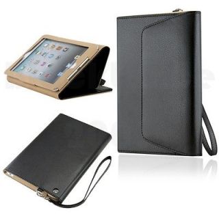 Black Flap Leather Folio Case Pocket Card Slots hand strap for iPad
