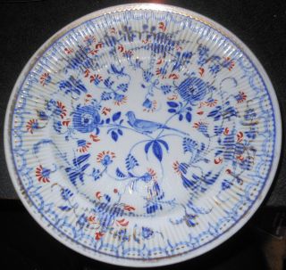 19thc. Delft Ribbed Plate, Blue Bird, Red Flowers, Blue Foliage, Old