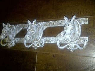 Vintage Cast Iron 3 Mule Heads Tack Bridle Rope Wall Hanger
