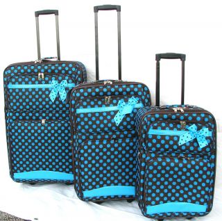 3PC BROWN W/ BLUE POLKA DOT WHEELED EXPANDABLE LUGGAGE / SUIT CASE