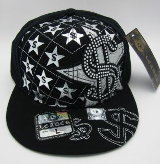 Dollar Sign Star Cap Hat Black Silver Rhinestones SzLarge 7 3/8 7 1