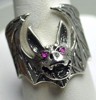 Sterling Silver Vampire Dracula Bat Rubies Ring Gothic