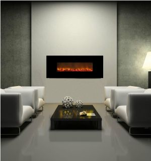 Wall Mount Electric Fireplace 56 Linear Black Tempered Glass 100% Heat