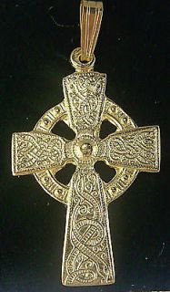 14K Yellow Gold Silver Warrior Celtic Cross Necklace Pendant Mens
