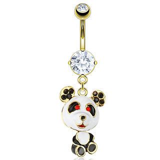 Gold IP Red Black Paved Gem Epoxy Coated Panda Navel Belly Ring