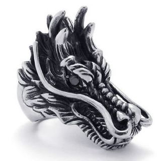 Size 12 Vintage Black Silver Dragon Head Stainless Steel Mens Ring