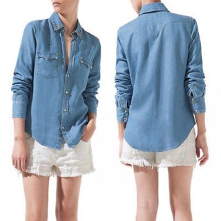 Girl Womens Long Sleeve Denim Shirt With Studs Blue Color Fashion