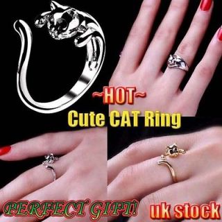 Cute CAT Adjustable Ring with colorful Rhinestone Eyes Vintage Retro