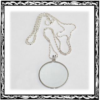 LORGNETTE NECKLACE MAGNIFIER MAGNIFYING GLASS on SILVER CHAIN MONOCLE