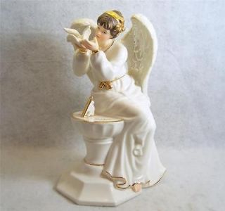 WELL PORCELAIN ANGEL ~ Seated on Sundial, Holding Dove, 9 1/2 Inches
