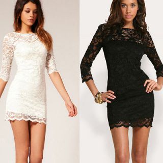 Womens Black White Lace Sexy V Neck Slim 3/4 Sleeve Cocktail Party