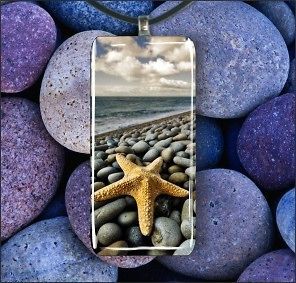 STAR FISH ON ROCKY BEACH GLASS PENDANT NECKLACE
