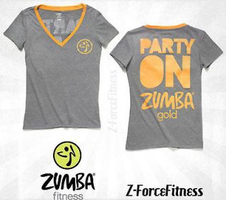 Zumba ~ GOLD INSPIRE ME PARTY ON V Neck T Shirt ~ Orange ~ NEW Workout