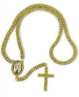 10 MM ICED OUT 2 ROW SIMULATED DIAMOND JESUS ROSARY CHAIN NECKLACE