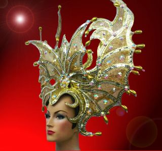 Drag Queen Carnival Cabaret Dance Costume Gold Headdress beads glass