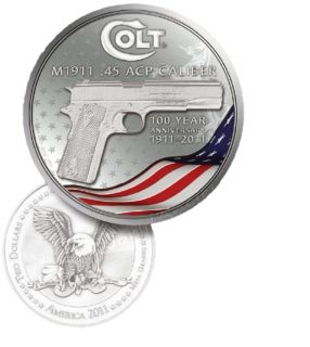 2011 America 2$ dollars 1 Oz .9999 Silver US Colt 1911 Hand Gun 100