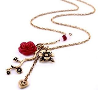 Betsey Johnson sevel Pendants red rose vintage necklace ,#N041