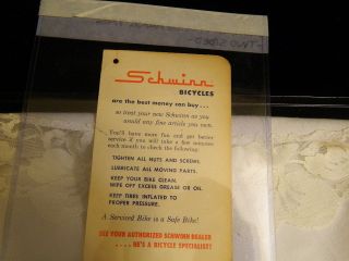Vintage SCHWINN BICYCLE Dealer Showroom Sales Hang Tag  Nice