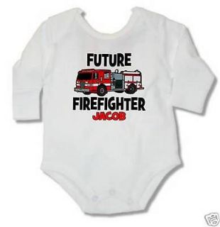 FUTURE FIRE FIGHTER TRUCK WITH NAME BABY BODYSUIT WHITE PINK BLUE